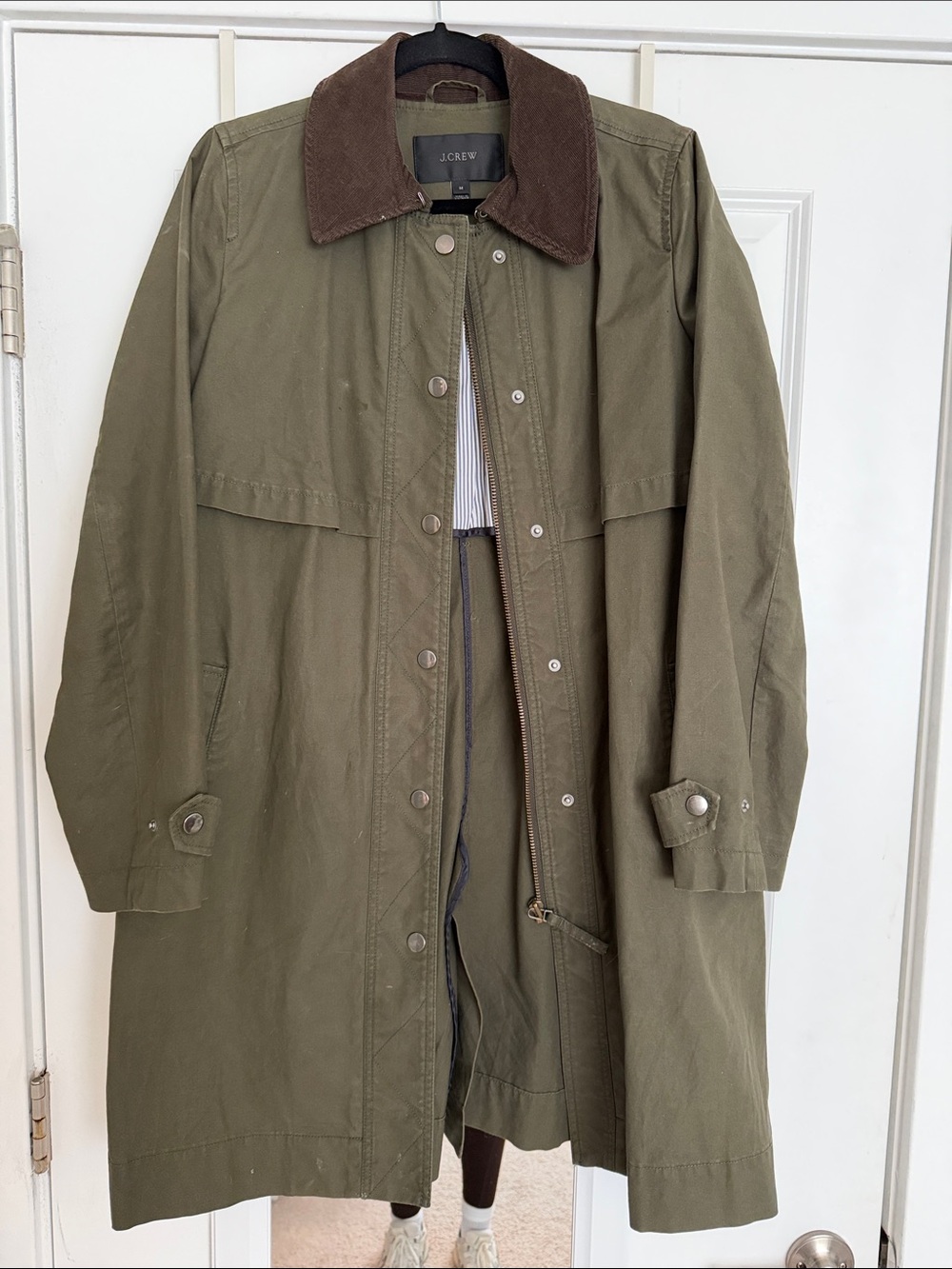 J. Crew Olive Trench Coat with Brown Corduroy Collar